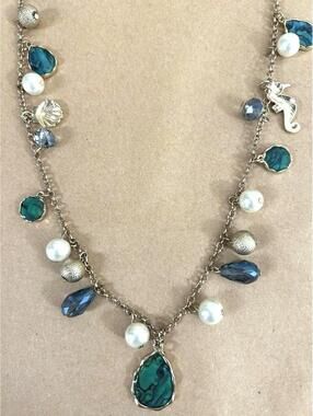 Seahorse Starfish Necklace Pearl Blue Green Beaded Vintage Statement Jewelry